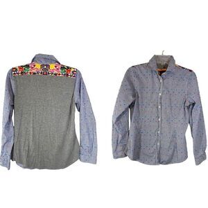 Vilagallo ladies button up shirt 40 blue white striped blouse career casual day